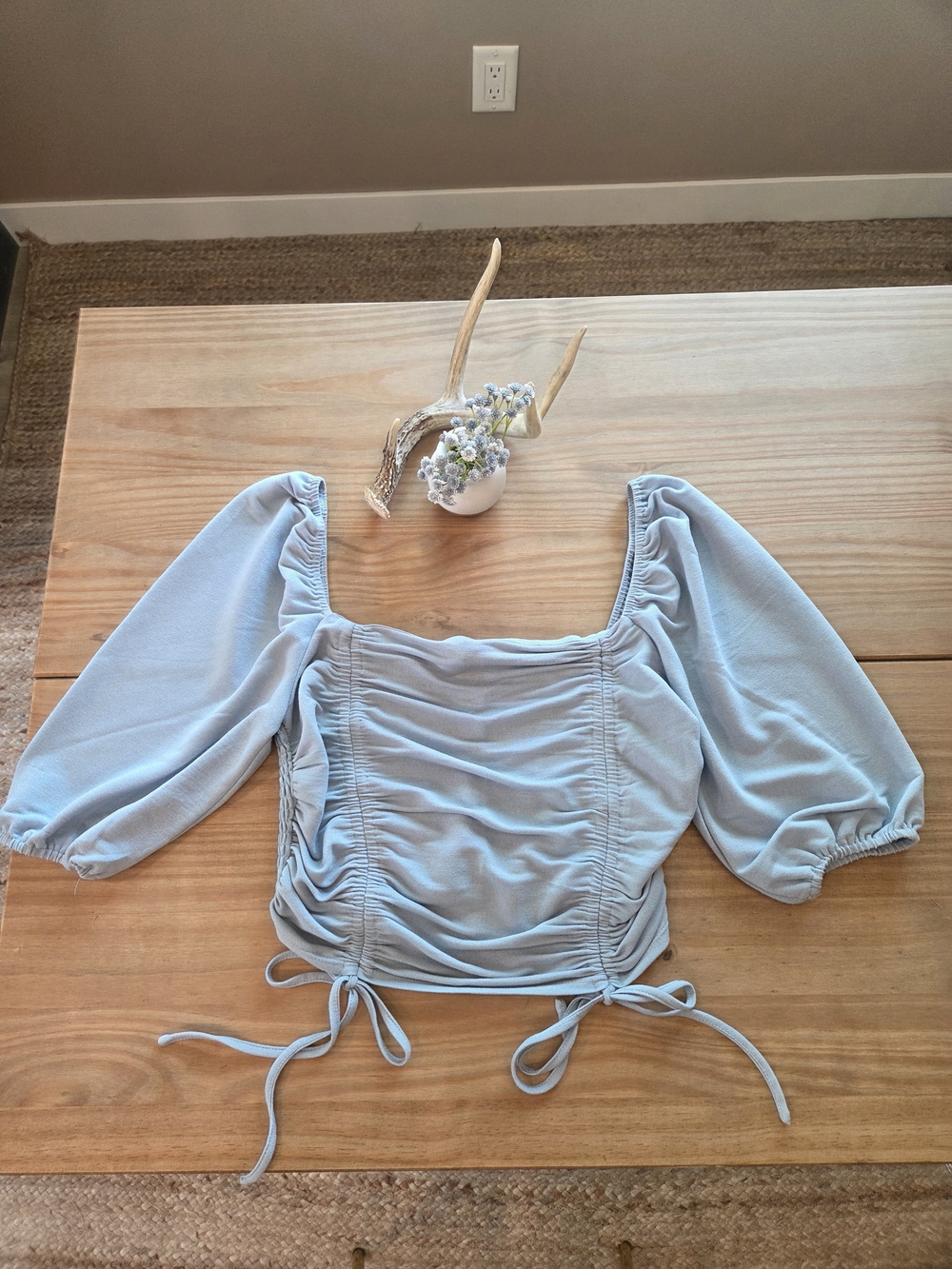Blue Blush Light Blue Ruched Puff Sleeve Crop Top